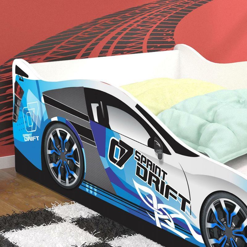 Cama Infantil Carro Drift Azul/Branco c/Colchão