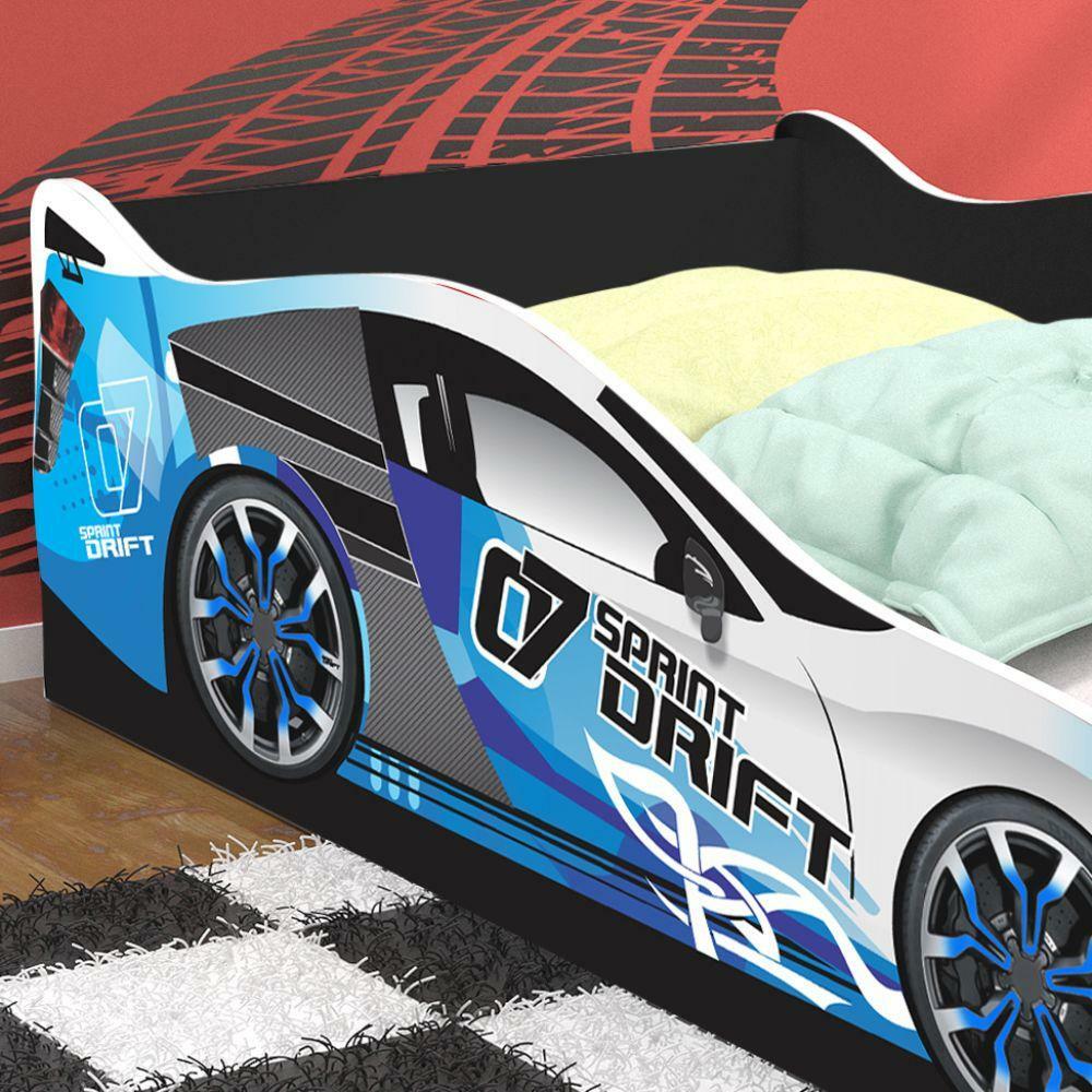 Cama infantil carro drift azul com colchao azul doce